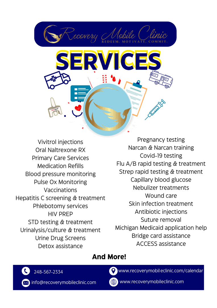 Mobile clinic offering healthcare services including vaccinations and testing.